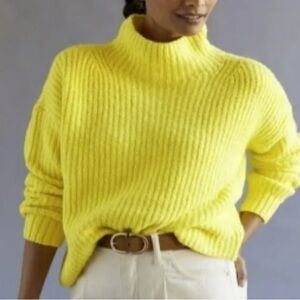 Anthropologie Yellow Oversized Funnel Neck Pullover Knit Sweater Top, XL